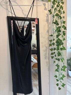 Black Satin Slip Dress with Cowl Neck